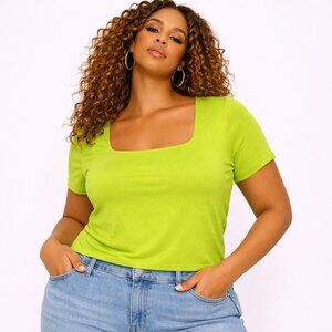 Live In The Moment Chartreuse Green Square Neck Short Sleeve Tee Top Size M